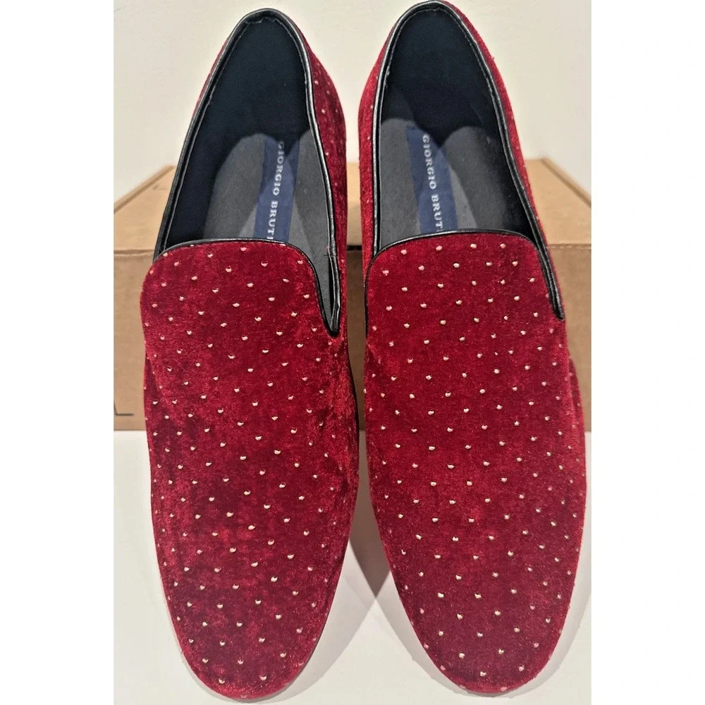 Giorgio Brutini Men Size 11.5 Velvet Fabric Gold Stud Loafers Smoking Shoe Wine
